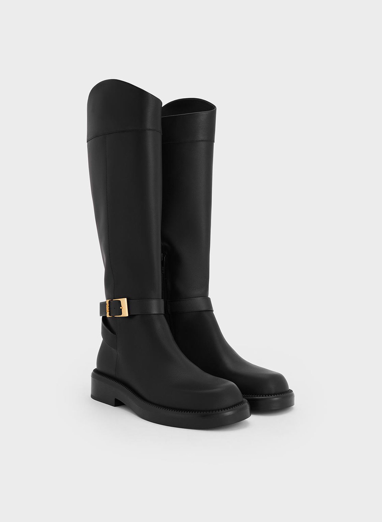 Leather Buckled-Strap Knee-High Boots, Black, hi-res