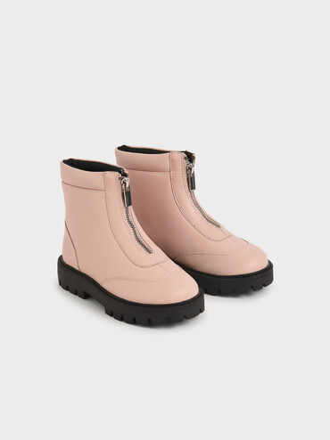 Girl's Front Zip Ankle Boots, Light Pink, hi-res