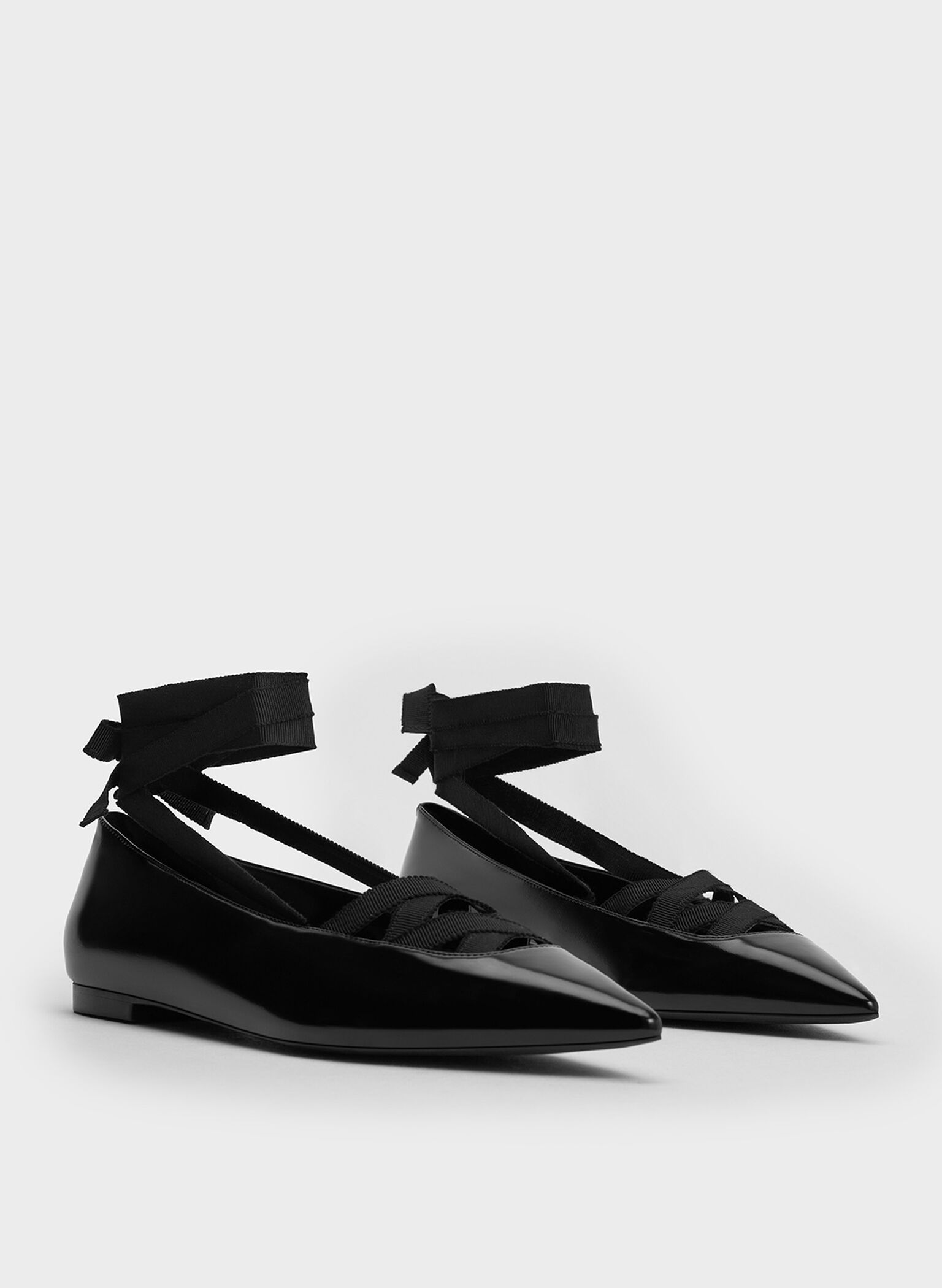 Pointed-Toe Tie-Around Ballet Flats, Black Box, hi-res