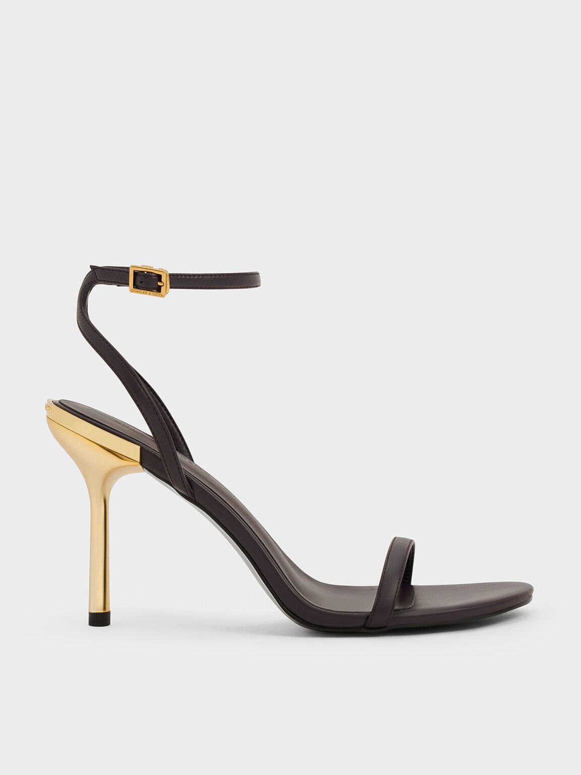 Metallic Stiletto Heel Ankle Strap Sandals Dark Brown