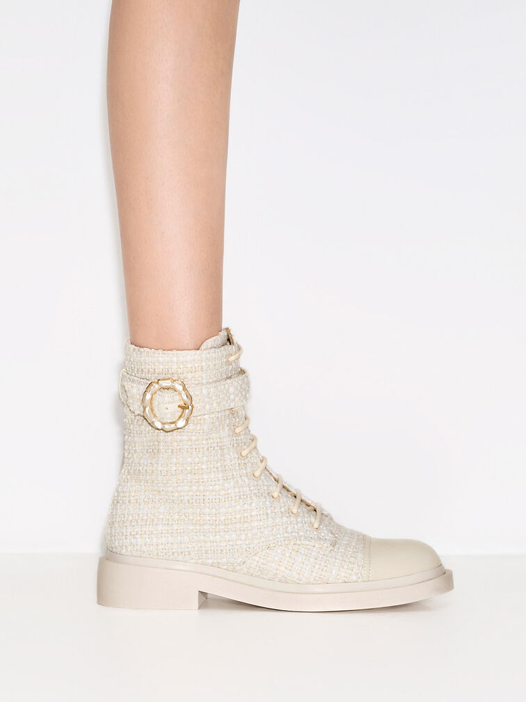 Tweed Pearl Buckle Lace-Up Ankle Boots, Chalk, hi-res