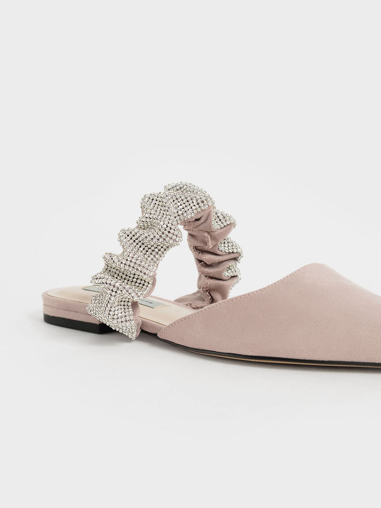 Nude Gem-Encrusted Ruched Strap Textured Mules - CHARLES & KEITH 