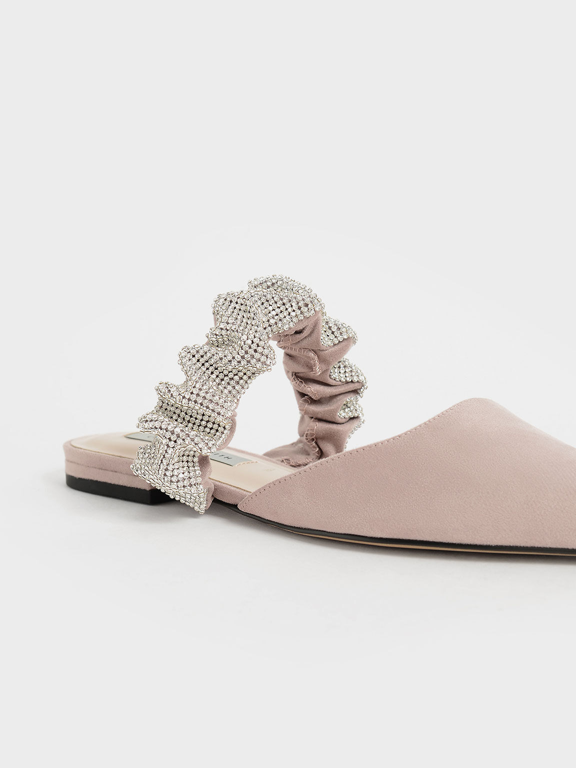 Gem-Encrusted Ruched Strap Textured Mules, Nude, hi-res