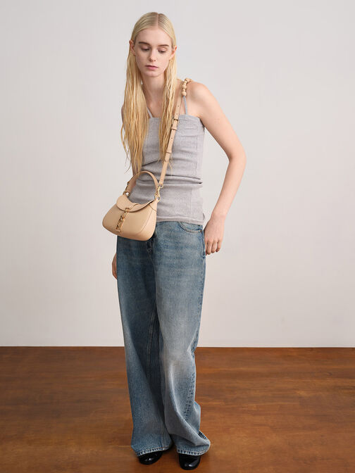 Agatha Chain-Accent Hobo Bag, Beige, hi-res