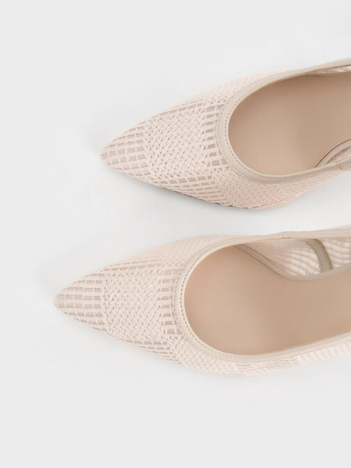 Mesh Woven Pointed-Toe Pumps, Cream, hi-res