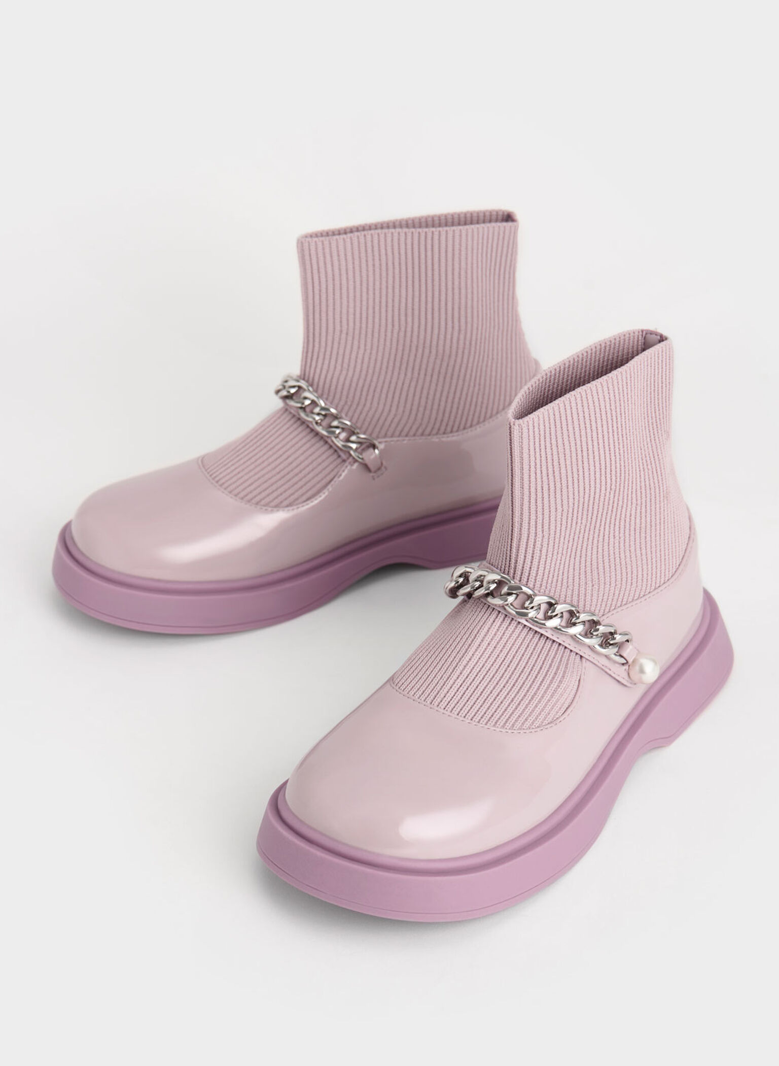 Girls' Chain-Link Knitted Sock Boots, Lilac, hi-res