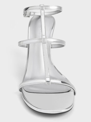 Metallic T-Bar Ankle-Strap Sandals, Silver, hi-res