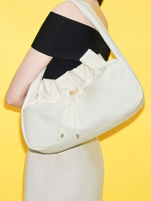 Bolso hobo efecto fruncido, Blanco, hi-res