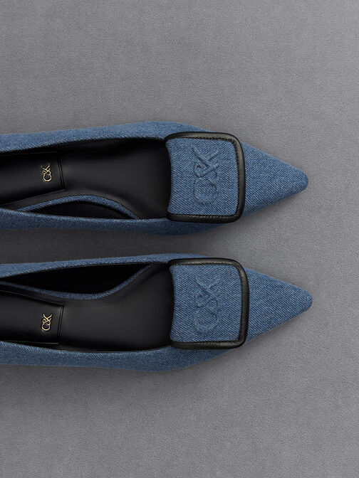 L'initial 丹寧粗跟尖頭鞋, 藍色, hi-res