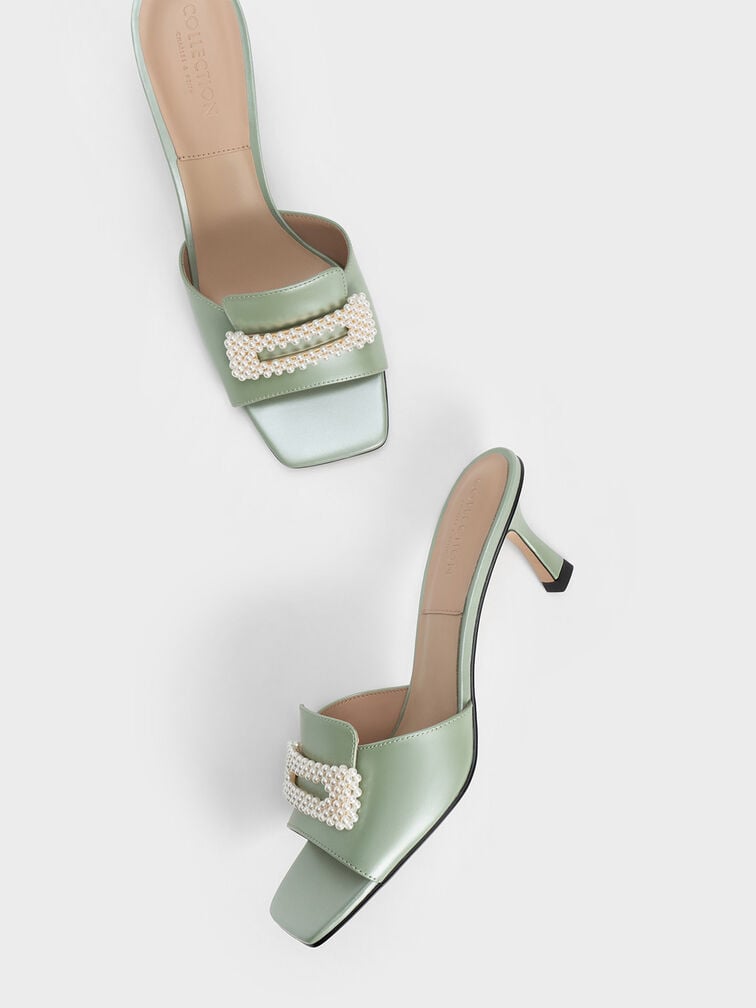 Beaded Leather Square-Toe Mules, Green, hi-res