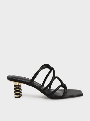 Leather Tubular Strap Heeled Sandals, Black, hi-res