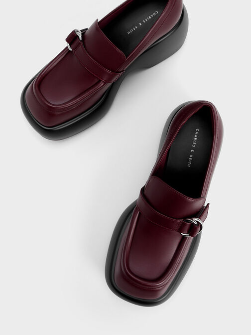 Buckled Platform Penny Loafers, Burgundy, hi-res