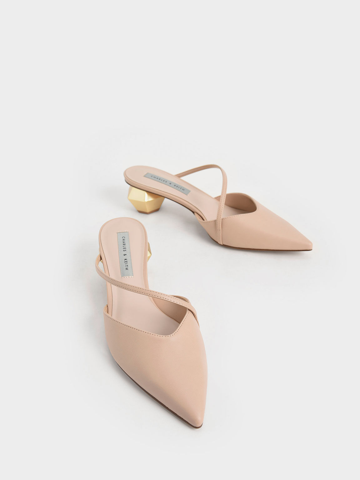 Light Pink Asymmetric Strap Chrome Heel Mules - CHARLES & KEITH AU