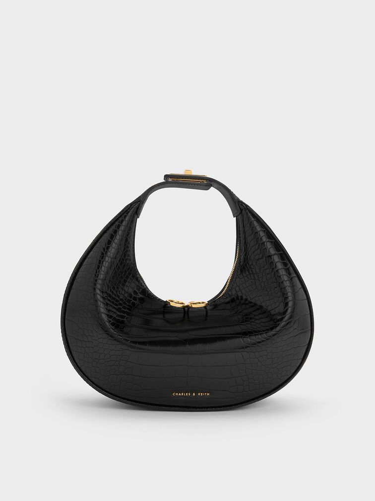 Black Croc-Embossed Crescent Hobo Bag - CHARLES & KEITH US