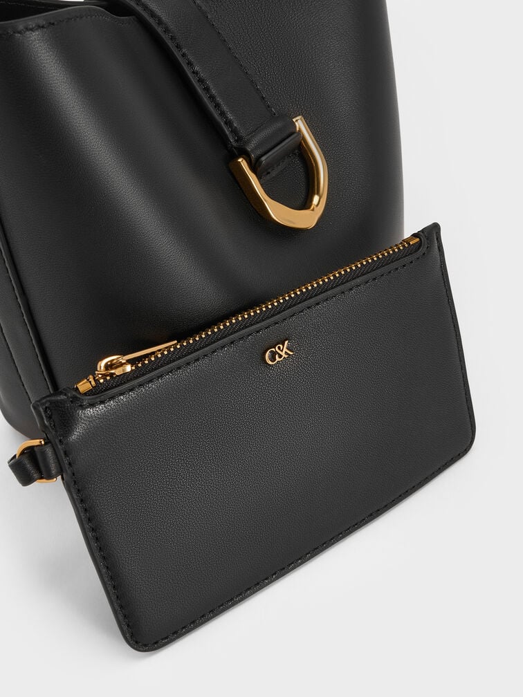 Gabine Leather Belted Top-Handle Bucket Bag, Black, hi-res