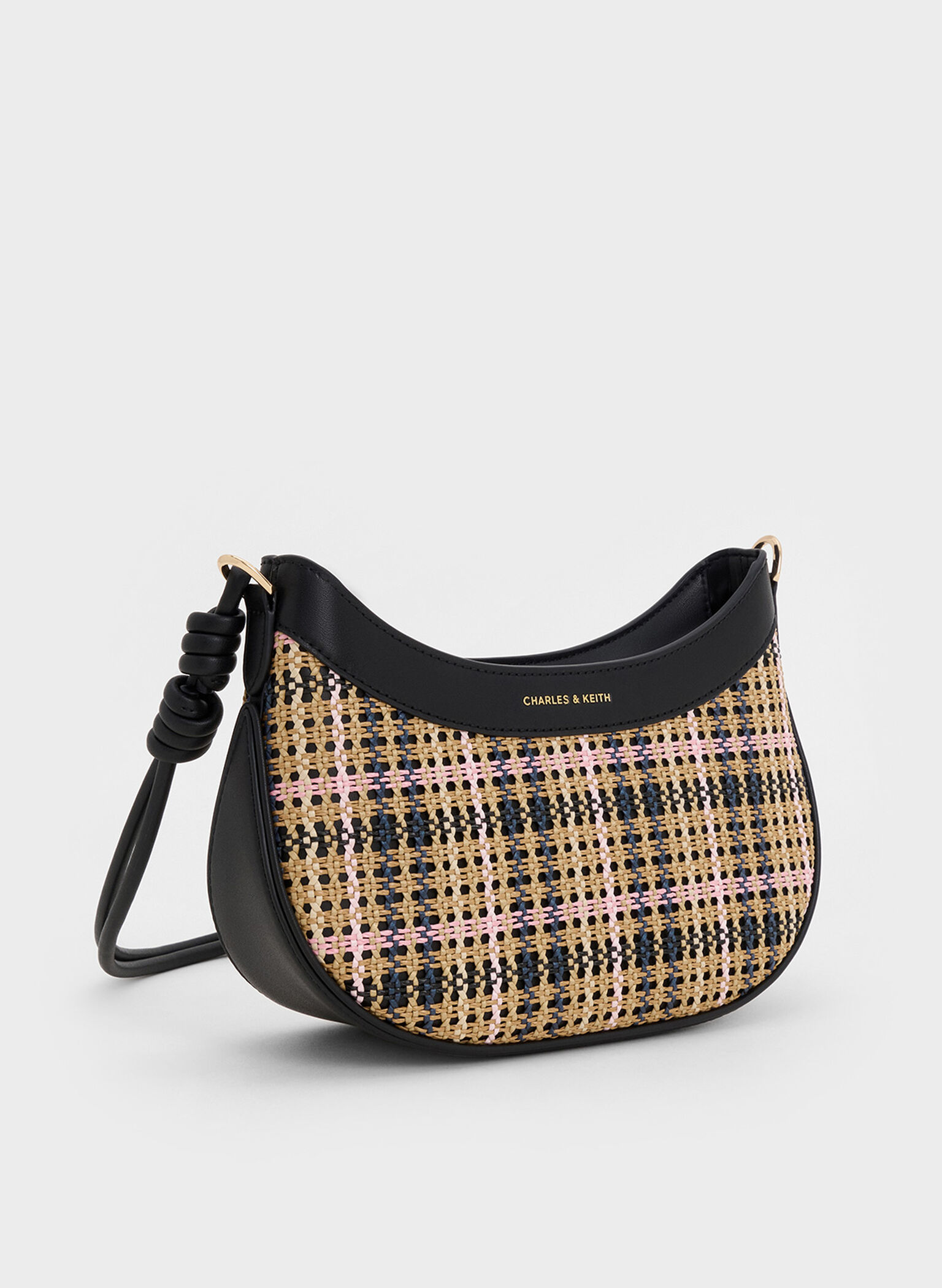 Bolsa de ombro curva Sabine Tartan com alça com nó, Tartan Straw, hi-res