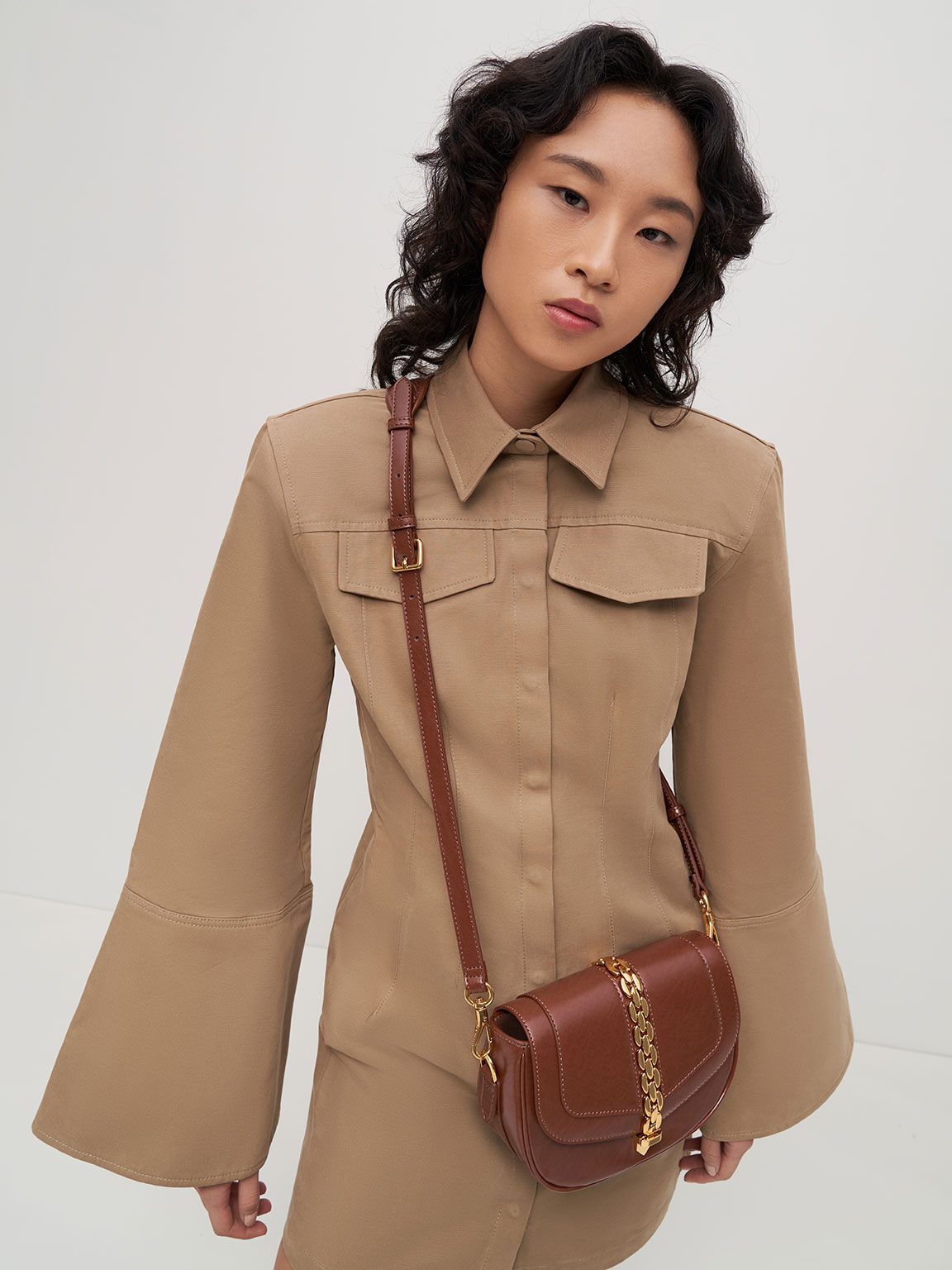 Isana Chain-Accent Crossbody Bag, Chocolate, hi-res