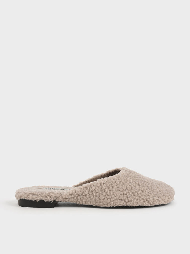 Recycled PET - Furry Flat Mules, Taupe, hi-res