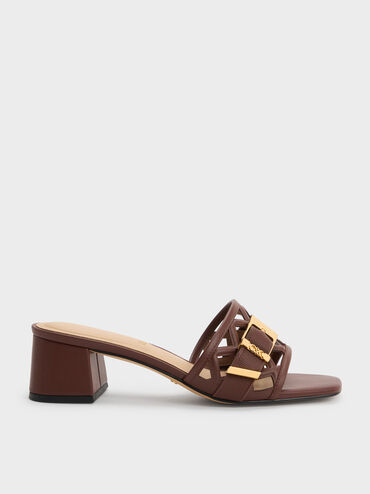 Whitney Leather Cut-Out Heeled Mules, Brown, hi-res