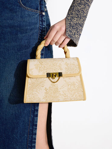 Floral Illustrated Trapeze Bag, Beige, hi-res