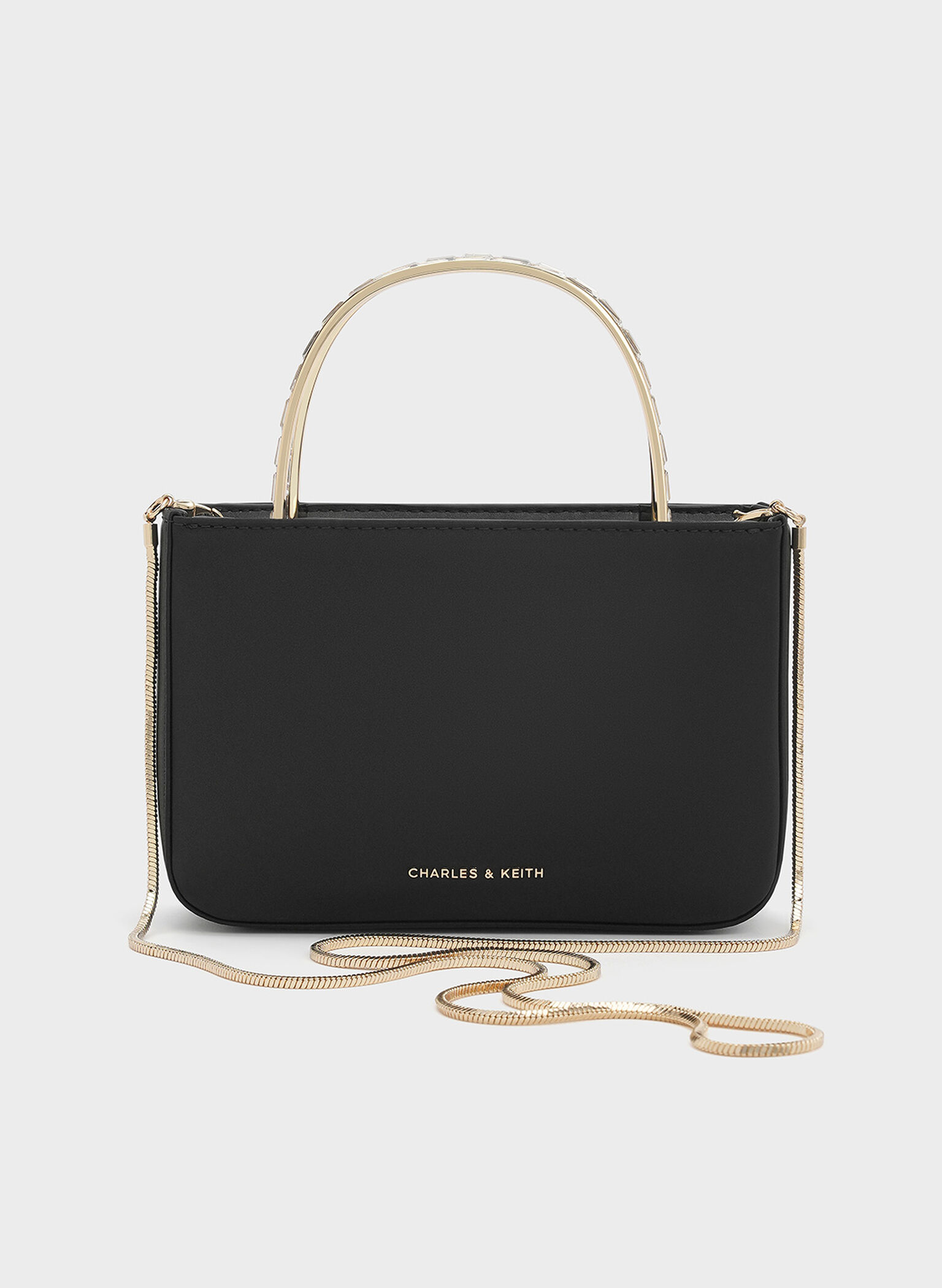 Bolso de raso con asa superior con cadena y adornos de cristal, Negro, hi-res