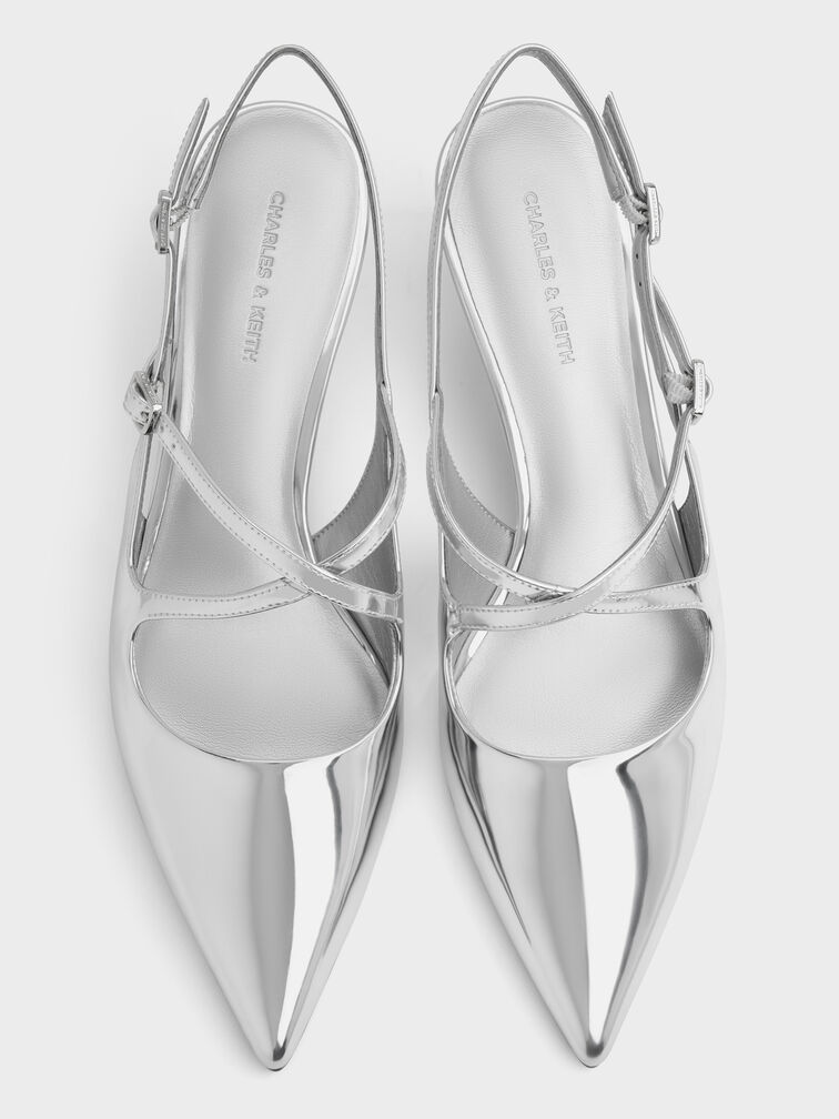 Pauline Metallic Crossover Slingback Salto Gatinho, Prateado, hi-res