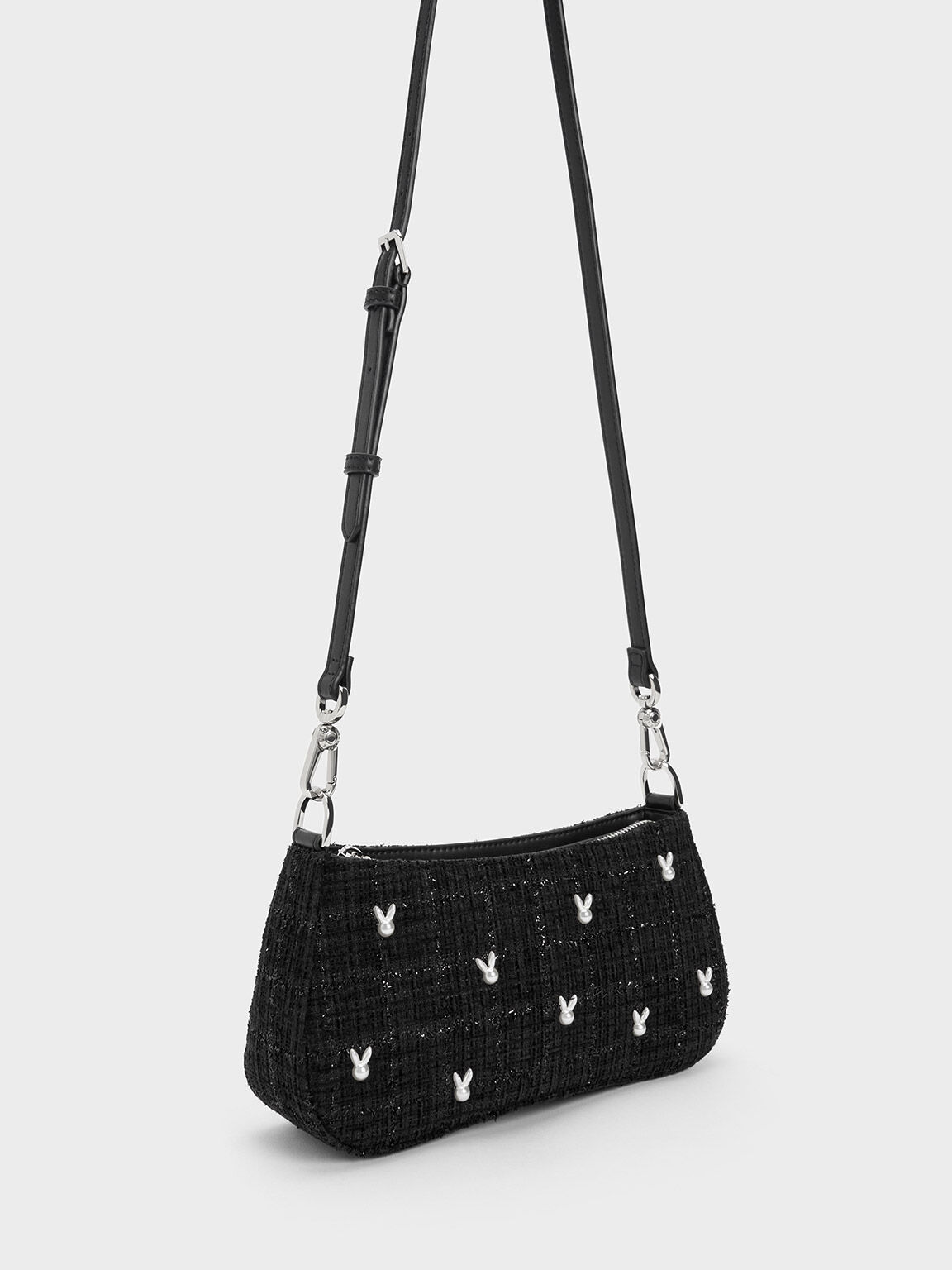 Bunny Tweed Shoulder Bag, Black, hi-res