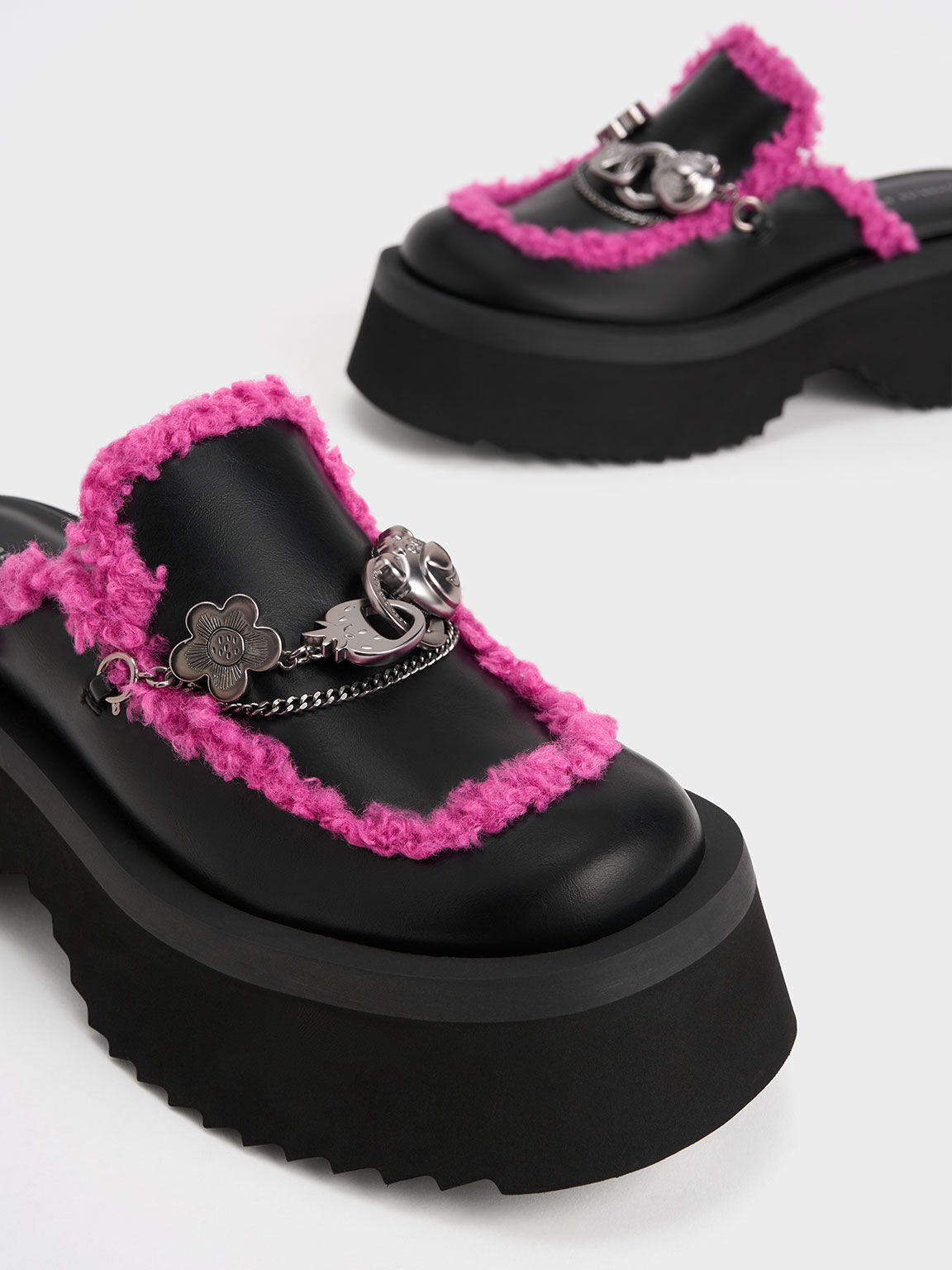 Lotso Fur-Trim Embellished Platform Mules, Black Satin, hi-res