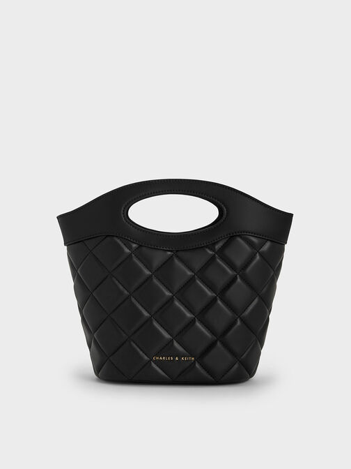 Quilted Chain-Link Curved-Handle Bucket Bag, Black, hi-res