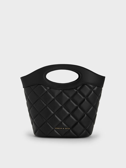 菱格紋手提水桶包, 黑色, hi-res
