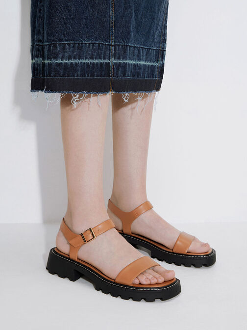 Stitch-Trim Buckled Sandals, Cognac, hi-res