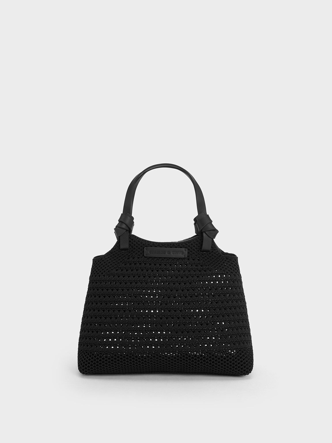 Knotted Handle Knitted Tote Bag, Black, hi-res
