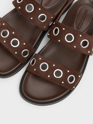 造型金屬釦帶涼鞋, 深棕絨, hi-res