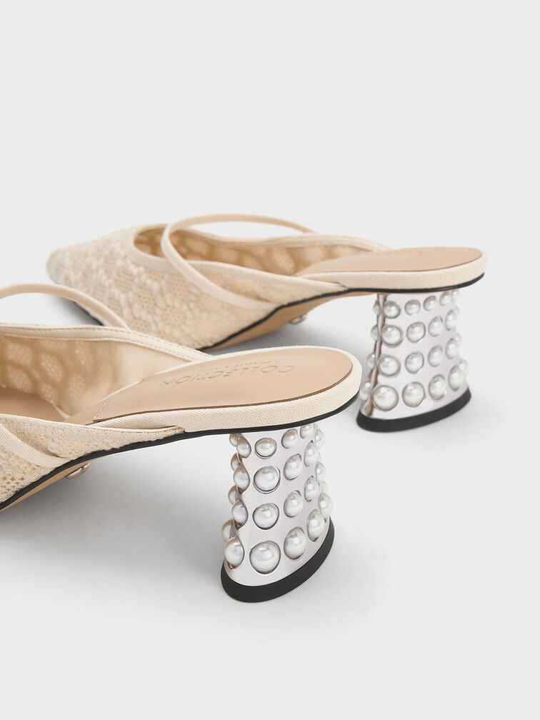 Crochet & Leather Beaded Heel Mules, Cream, hi-res