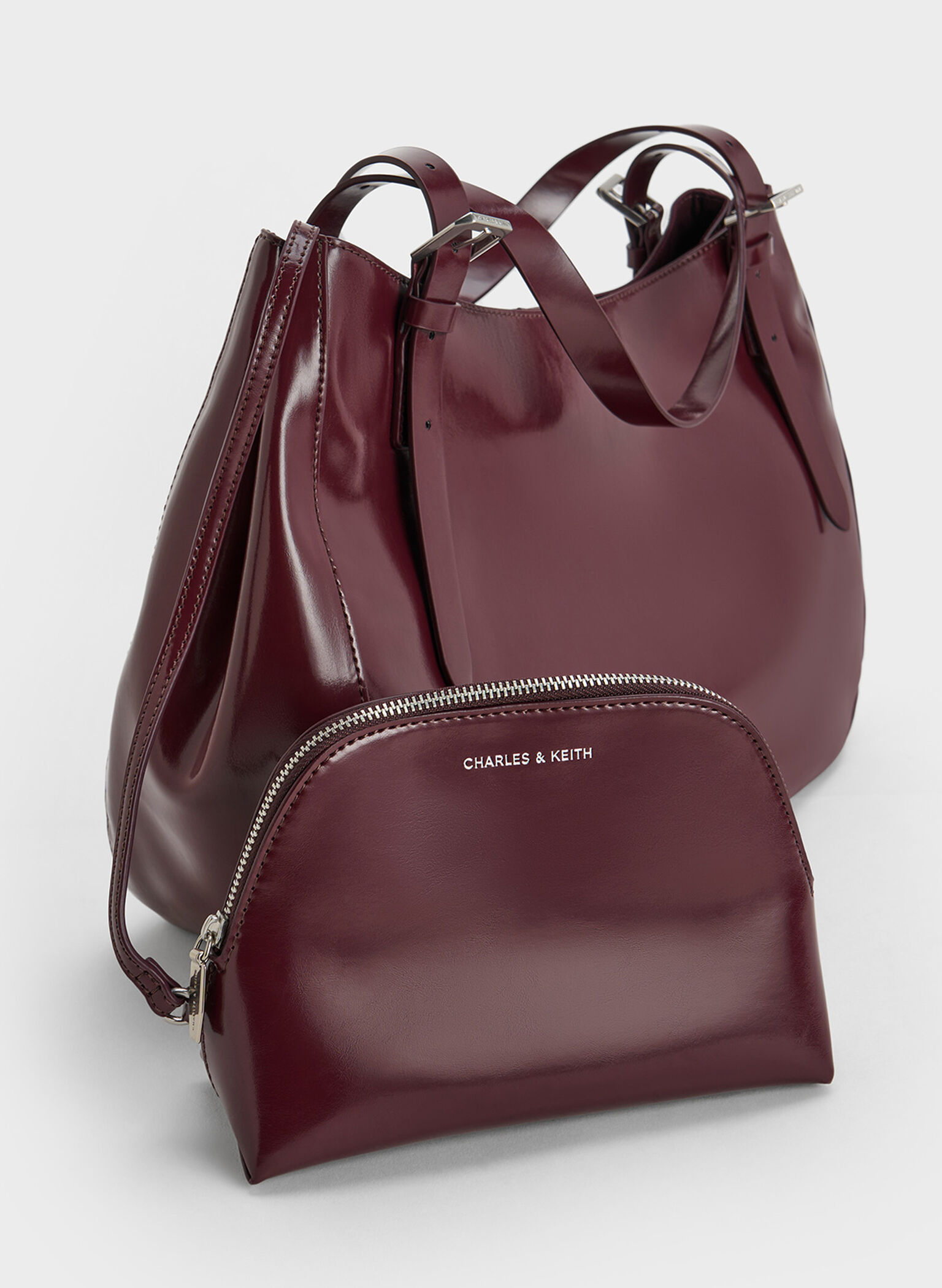 Buckle-Strap Slouchy Tote Bag, Burgundy, hi-res