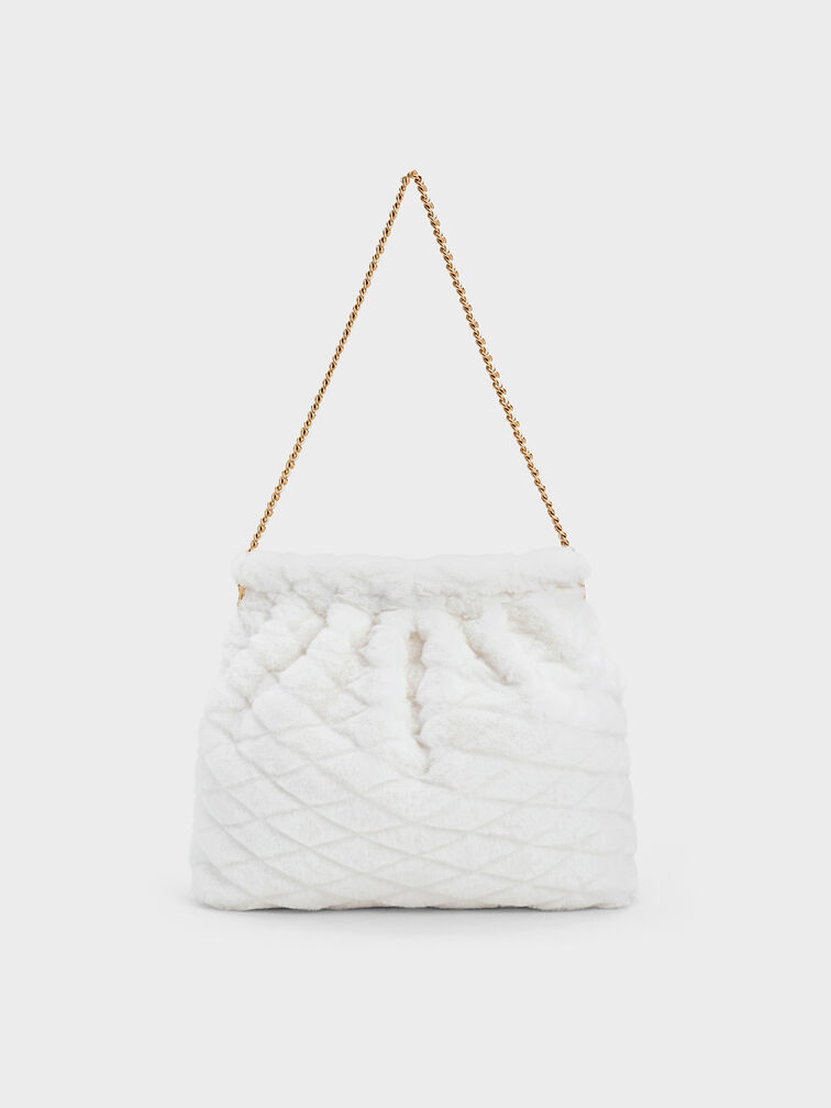 Duo Furry Chain-Handle Hobo Bag, White, hi-res