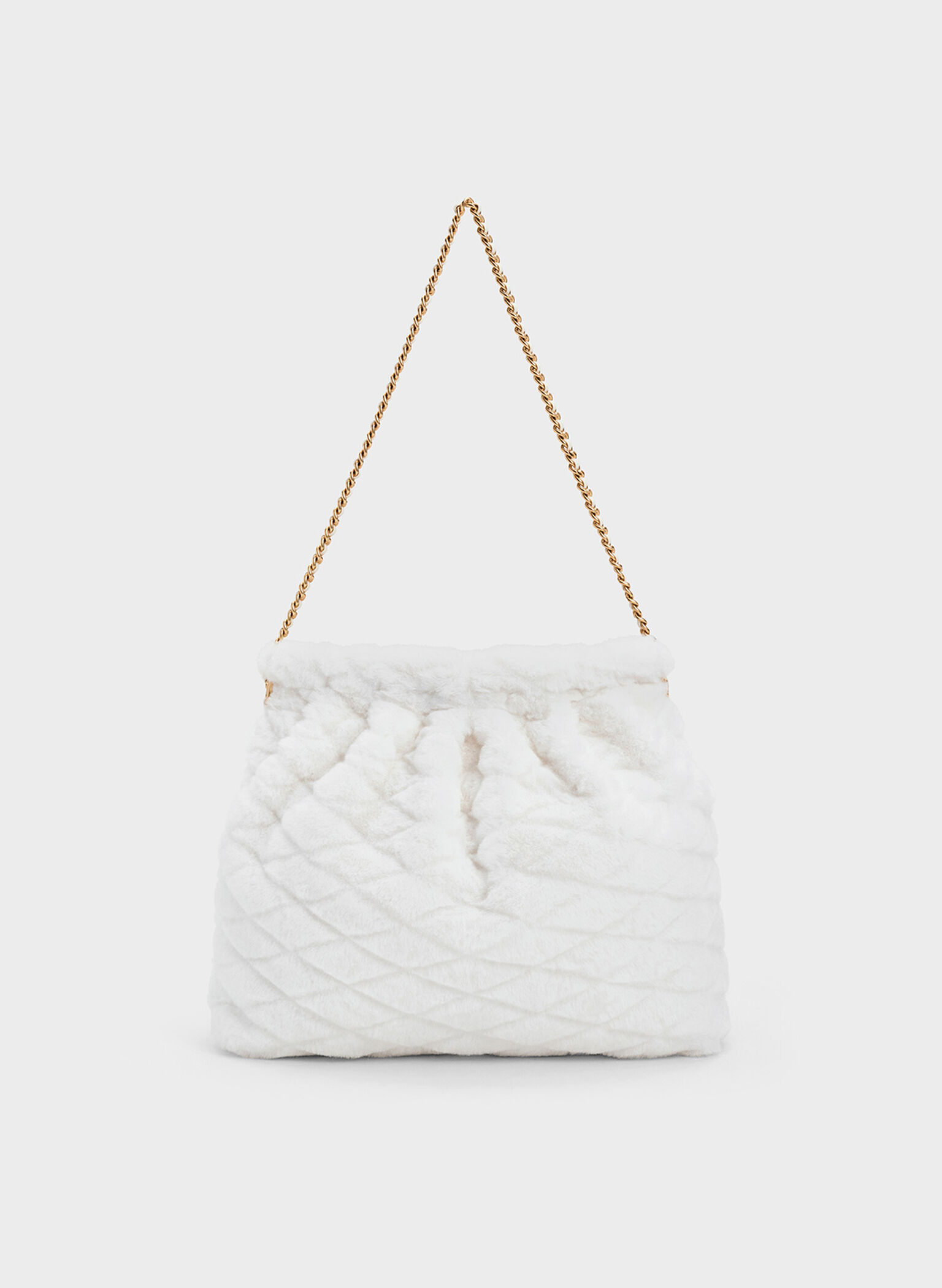 Duo Furry Chain-Handle Hobo Bag, White, hi-res