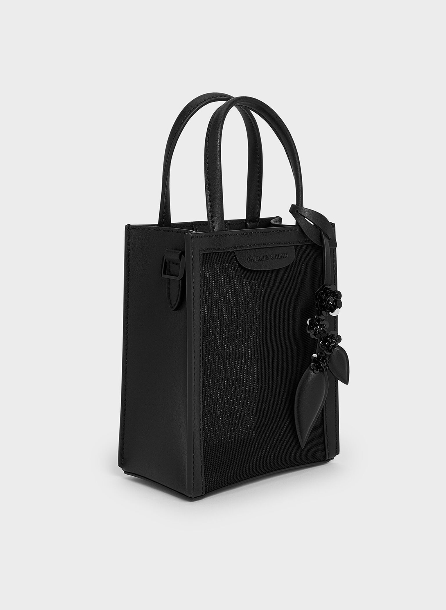 Bolso tote alargado Malla con lentejuelas y flores, negro azabache, hi-res