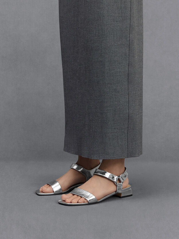 Distressed Leather Ankle-Strap Sandals, Silver, hi-res
