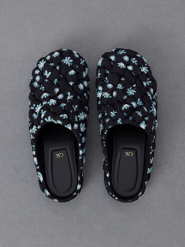 Nylon Puffy Floral-Print Clogs, Multi, hi-res