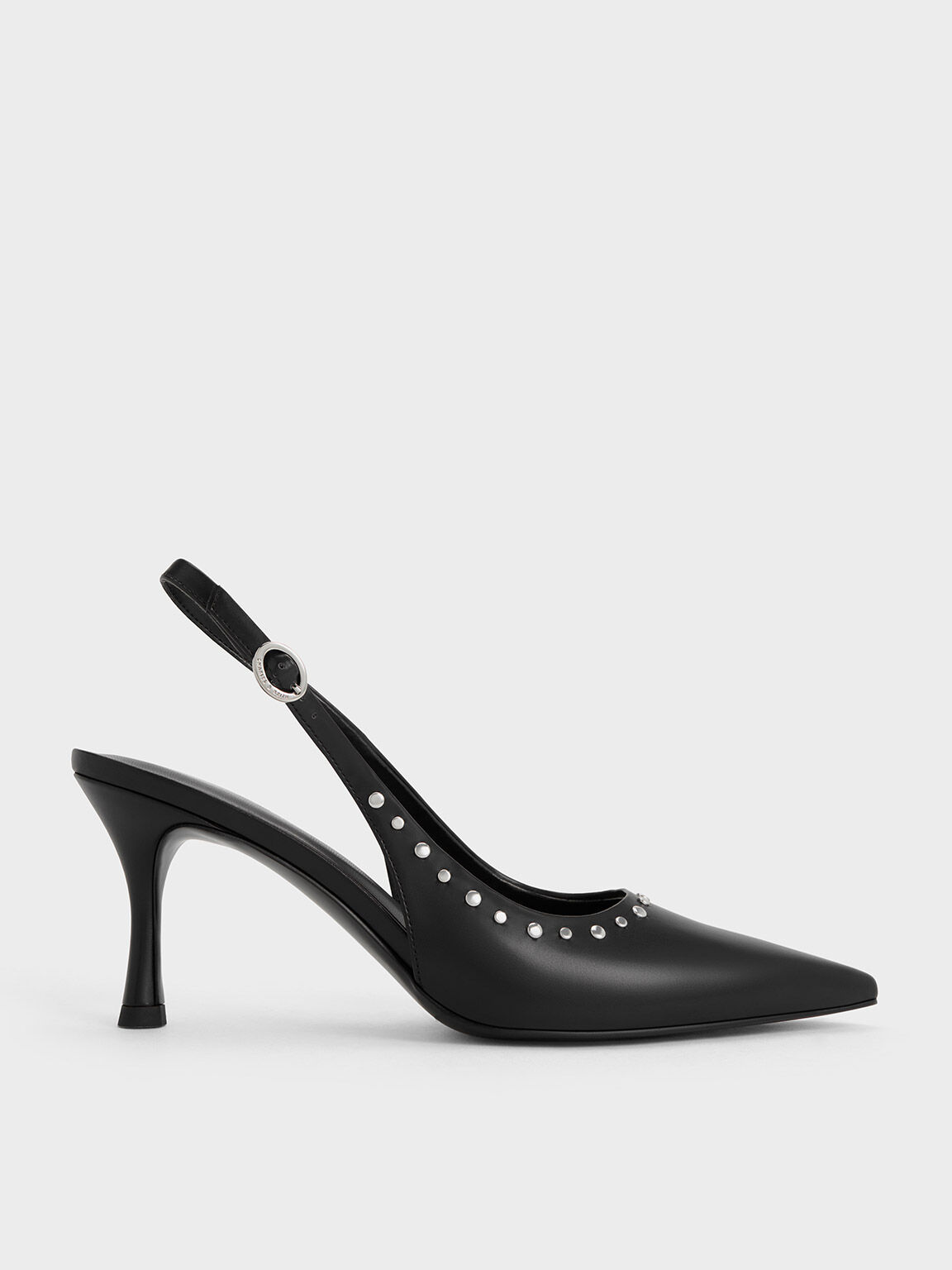 Studded Pointed Toe Slingback Pumps Black