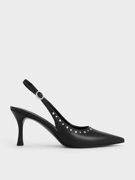 Studded Pointed-Toe Slingback Pumps, Black, hi-res