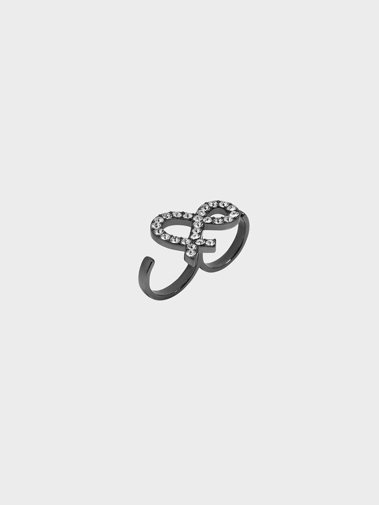 Crystal Encrusted Ampersand Double Ring, Black, hi-res