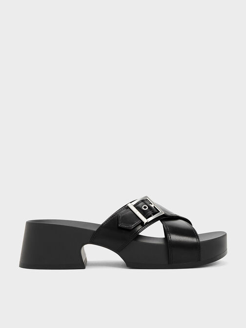 Buckled Crossover Platform Sandals, Black, hi-res