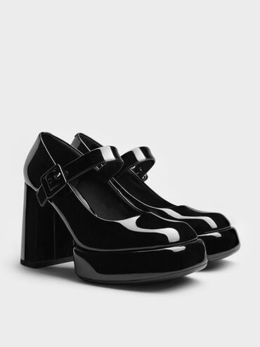 Patent Block-Heel Platform Mary Jane Pumps, Noir verni, hi-res
