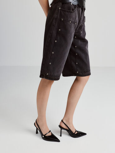 Zapatos de salón Helena con punta en punta y hebilla de perla, Negro pulido, hi-res