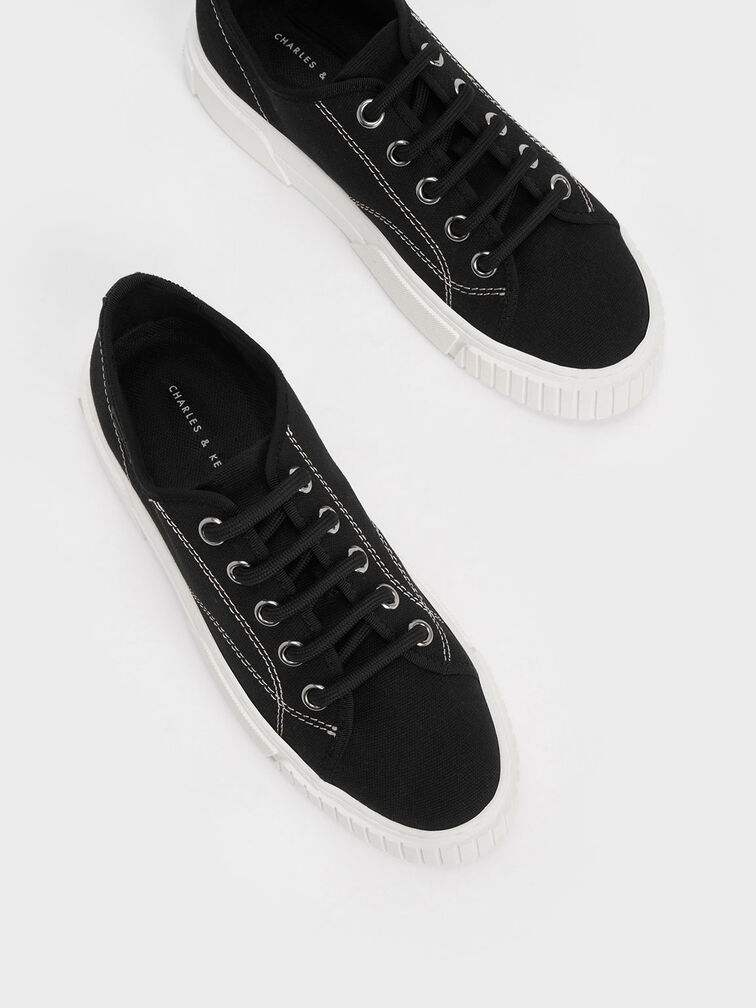 Recycled Cotton Panelled Low-Top Sneakers, Black, hi-res