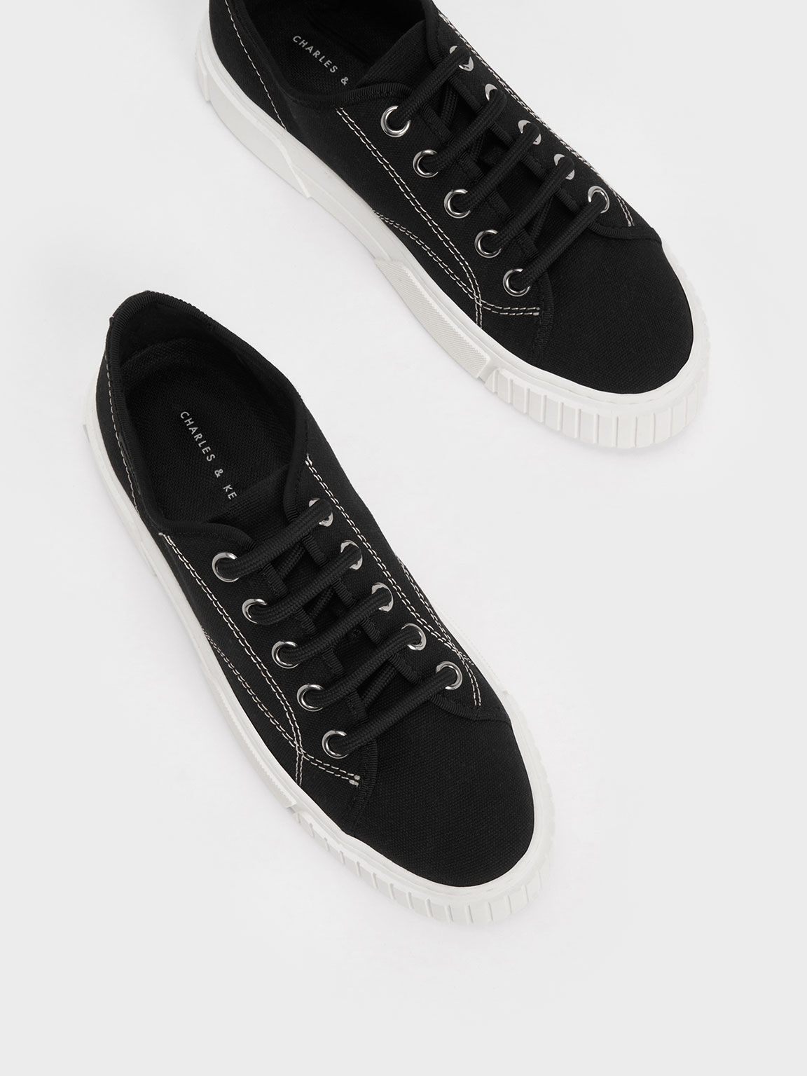 Recycled Cotton Panelled Low-Top Sneakers, Black, hi-res