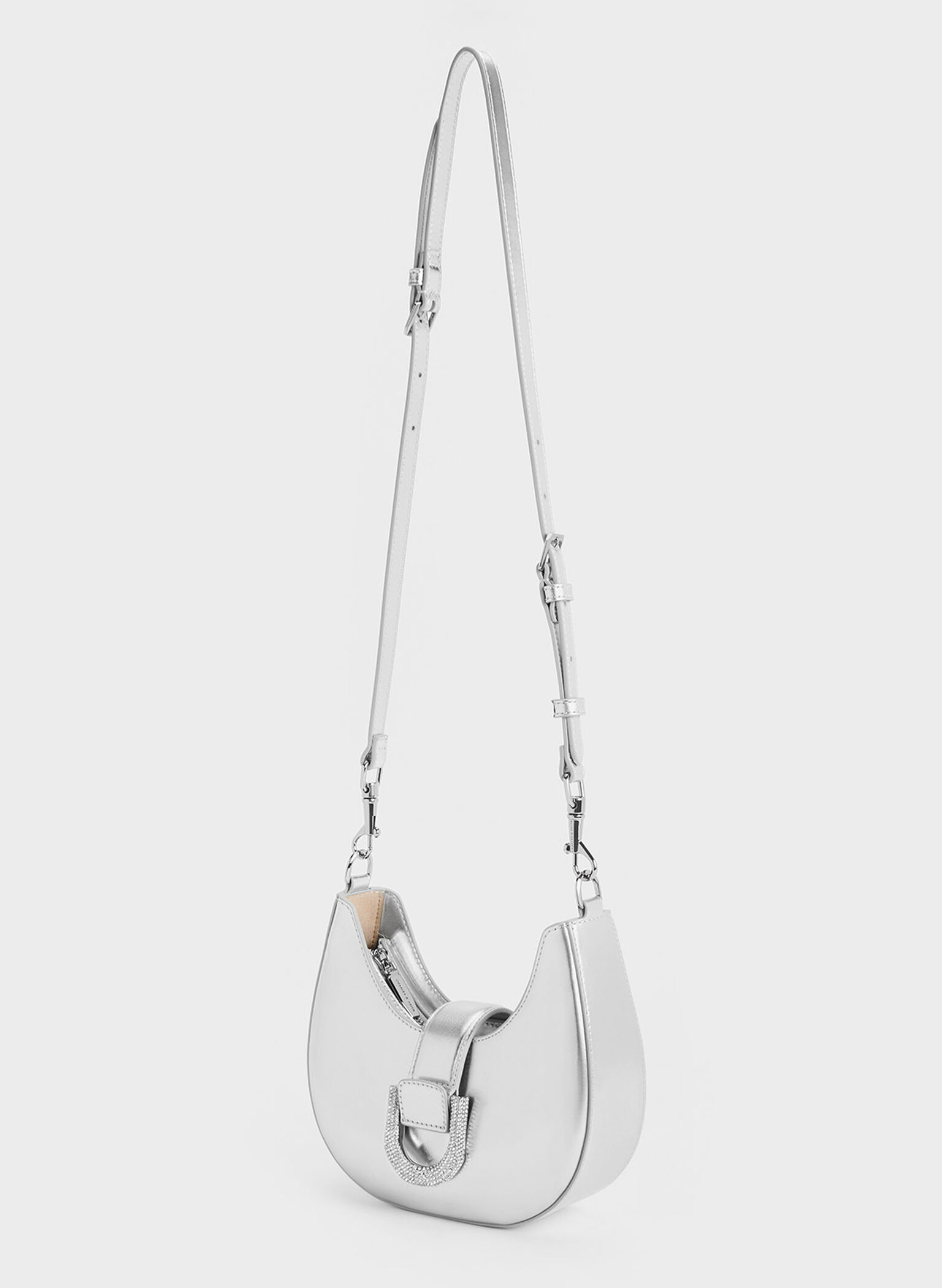 Gabine Metallic Leather Gem-Embellished Hobo Bag, Silver, hi-res