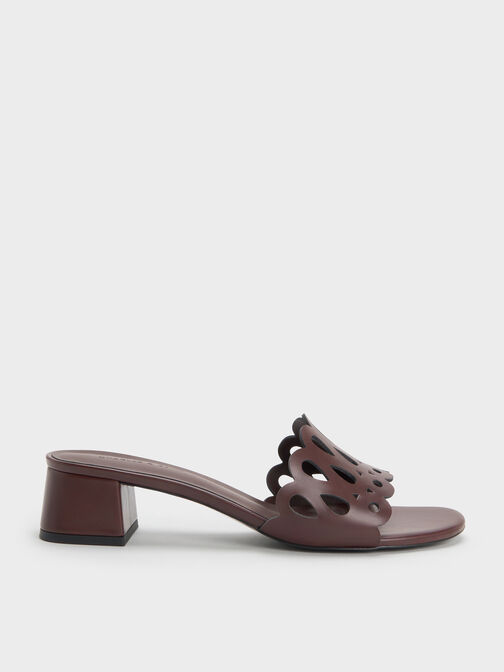 Cut-Out Block-Heel Mules, Maroon, hi-res
